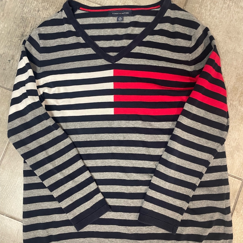 Tommy Hilfiger Navy and Gray Striped Sweater